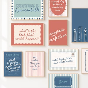 May include: A gallery wall of rectangular art prints featuring various motivational quotes and illustrations. Designs include text like Everything is figureoutable, progress over perfection, and guest check motifs in blue, red, and cream color palettes.
