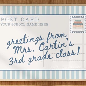 May include: A rectangular postcard print featuring a light blue and white vertical striped border. The text reads POST CARD, YOUR SCHOOL NAME HERE, and greetings from, Mrs. Cartin's 3rd grade class! A stamp graphic shows a stack of books.
