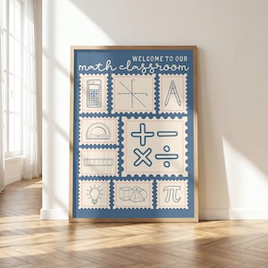 May include: A rectangular wall poster in a wooden frame featuring a blue background with the text "WELCOME TO OUR math classroom" and various math-themed icons including a calculator, graph, compass, protractor, ruler, lightbulb, and symbols.