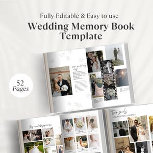 May include: A 52-page wedding memory book template featuring editable layouts. The open book displays various wedding photographs, film strip accents, and text sections with headings like Our Wedding Day, Joy and Happiness, and Two Souls.