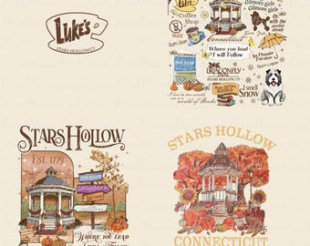 May include: A digital design sheet featuring four distinct illustrations related to Stars Hollow. Elements include a gazebo, Luke's coffee shop logo, a dog, pumpkins, autumn foliage, and text such as Stars Hollow, Where you lead I will follow, and Dragonfly Inn. The graphics are rendered in a warm, muted color palette with detailed line work.