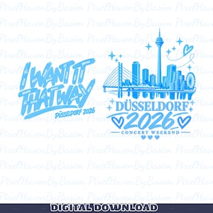 Puede incluir: Un diseño gráfico azul claro que presenta el texto I WANT IT THAT WAY con los nombres AJ, KEVIN, NICK, BRIAN, HOWIE repetidos, junto a un horizonte de Düsseldorf con el texto DÜSSELDORF 2026 CONCERT WEEKEND, estrellas e iconos de corazón.