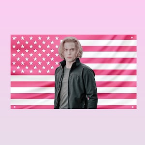 Puede incluir: Un estandarte de pared rectangular que presenta un retrato en blanco y negro de una persona con cabello hasta los hombros que viste una chaqueta oscura con cremallera, sobre un fondo de rayas horizontales rosas y blancas con estrellas blancas.