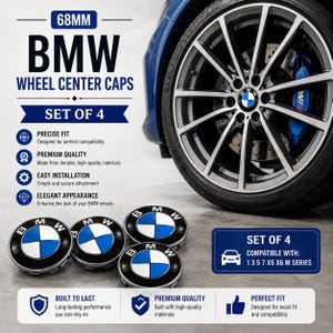 Puede incluir: Un juego de cuatro tapacubos centrales de rueda BMW de 68 mm con el icónico logotipo circular azul y blanco. Las tapas son redondas con un borde negro y texto blanco. La imagen incluye texto que indica compatibilidad con series 1 3 5 7 X5 X6 M.