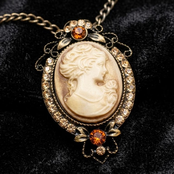 Vintage Cameo Necklace, Victorian Revival Portrait Pendant, Long Chain Rhinestone Cameo, Antiqued Brass, Romantic Antique Style Jewelry