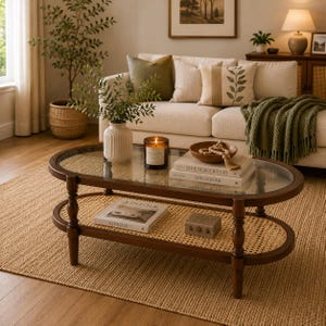 May include: An oval wooden coffee table with a glass top and a lower cane shelf. The table holds a white ribbed vase with greenery, a lit candle in a glass jar, a wooden bead garland in a bowl, and two stacked books titled Live Beautifully.