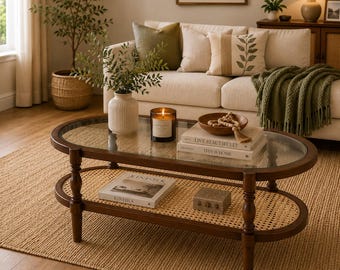 Rattan Coffee Table, Oval Coffee Table with Glass Top, Solid Wood Coffee Table, Boho Cocktail Table, Mid Century Modern Coffee Table