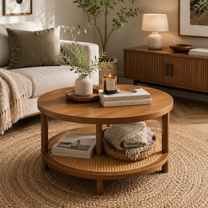 Rattan Coffee Table, 31.5" Round Wood Center Table with Storage Shelf, Boho 2 Tier Cocktail Table for Living Room, Small Spaces, Brown Wood.