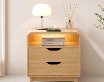 Nightstands Set of 2 with Charging Station,LED Nightstand Set,Mid Century Modern Bedside Tables, Wood End Tables,Large 2 Drawer Night Stands