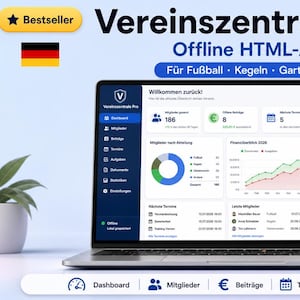 Può includere: Uno schermo di un portatile che mostra la dashboard dell'app HTML offline Vereinszentrale Pro. L'interfaccia presenta widget di dati per membri, finanze e attività, con icone di navigazione per dashboard, membri, contributi, appuntamenti e statistiche.