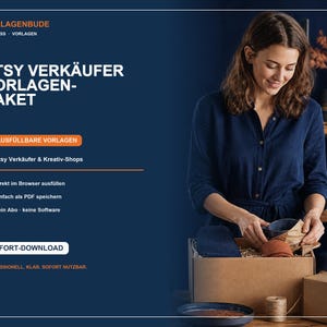 May include: A digital marketing graphic for an Etsy seller template package. The dark blue background features white text including VORLAGENBUDE, ETSY VERKÄUFER VORLAGEN-PAKET, 11 AUSFÜLLBARE VORLAGEN, and SOFORT-DOWNLOAD, alongside orange checkmark icons.