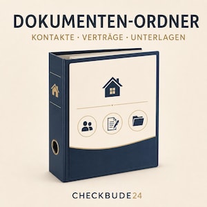 Puede incluir: Una carpeta de documentos azul oscuro con el texto DOKUMENTEN-ORDNER, KONTAKTE, VERTRÄGE, UNTERLAGEN y CHECKBUDE24. La cubierta muestra un icono de casa sobre tres iconos circulares que representan personas, un documento y una carpeta.