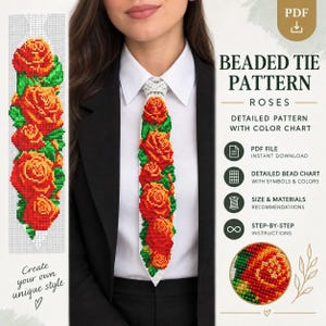 Könnte beinhalten: Ein Perlenstickmuster für eine Krawatte mit Rosenmotiv in Orange, Rot und Grün. Der Text lautet BEADED TIE PATTERN ROSES, DETAILED PATTERN WITH COLOR CHART, PDF FILE INSTANT DOWNLOAD, DETAILED BEAD CHART, SIZE & MATERIALS, STEP-BY-STEP INSTRUCTIONS.