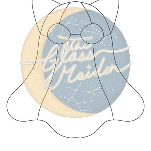 May include: A digital illustration featuring a cat-shaped outline overlaid on a circular background depicting a pale yellow crescent moon and a dusty blue night sky with white star constellations. The text The Glass Maiden is centered.