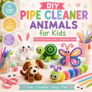 May include: A digital guide titled DIY PIPE CLEANER ANIMALS for Kids featuring five animal crafts. The image displays a white rabbit, green turtle, colorful butterfly, brown dog, and a multi-colored caterpillar made from pipe cleaners and googly eyes.
