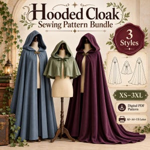 May include: A sewing pattern bundle for a hooded cloak featuring three styles in sizes XS-3XL. The image displays a long blue cloak, a short green capelet, and a long purple cloak on mannequins, with digital PDF pattern icons and text.