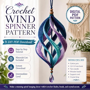 Puede incluir: Un patrón de ganchillo para un molinillo de viento en descarga digital PDF. La decoración colgante tiene seis aspas en espiral en tonos azul y morado, con cuentas de madera y una gota de cristal. Texto: Crochet Wind Spinner Pattern.