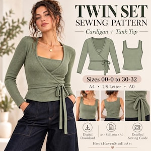 Patrón de costura para conjunto de dos piezas para mujer: cárdigan cruzado y top sin mangas con escote cuadrado (descarga digital).