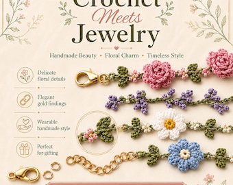 May include: Four floral crochet bracelets featuring gold-tone lobster clasps and chain extenders. The designs include pink roses, purple lavender sprigs, a white daisy with a yellow center, and a blue flower, all accented with green crocheted leaves.