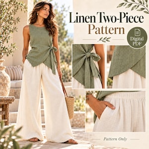 May include: A digital PDF sewing pattern for a two-piece linen outfit featuring a sleeveless sage green wrap top with a side tie closure and wide-leg off-white trousers with an elastic waistband and side pockets. The text reads Linen Two-Piece Pattern.