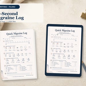 May include: A printable and fillable 20-Second Migraine Log document featuring a structured layout for tracking pain levels, symptoms, and triggers. The log includes sections for date, time, duration, and specific head pain locations with icons.