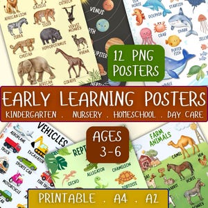 Peut inclure: Une collection d'affiches éducatives illustrant des animaux de safari, des planètes, des animaux marins, des véhicules, des reptiles et des animaux de ferme avec des étiquettes. Le texte inclut "12 PNG POSTERS", "EARLY LEARNING POSTERS", "AGES 3-6" et "PRINTABLE A4 A2 INSTANT DOWNLOAD".