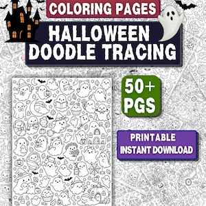 Może przedstawiać: Kolekcja czarno-białych kolorowanek na Halloween z rysunkami duchów, dyń, nietoperzy i nawiedzonych domów. Tekst głosi COLORING PAGES HALLOWEEN DOODLE TRACING, 50+ PGS oraz PRINTABLE INSTANT DOWNLOAD.