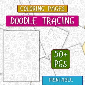 May include: A collection of printable coloring pages featuring doodle tracing designs. The sheets display various themes including firefighters, animals, and holiday icons. Text on the image reads: COLORING PAGES, DOODLE TRACING, 50+ PGS, PRINTABLE INSTANT DOWNLOAD.