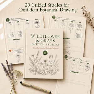 Può includere: Un libro beige intitolato Wildflower & Grass Sketch Studies con illustrazioni botaniche sulla copertina, accompagnato da due pagine di istruzioni aperte per disegnare fiori e una penna a punta fine di colore nero.