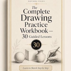 May include: A hardback book titled The Complete Drawing Practice Workbook - 30 Guided Lessons by Novora Files. The cover features a cream background with gold borders, a black circle with the number 30, and a pencil sketch of a sphere, cube, and vase.