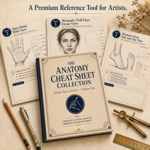 以下が含まれることがあります： 手、顔、足の図解が掲載された「The Anatomy Cheat Sheet Collection」というタイトルのアーティスト向け参考書コレクション。中央の書籍、2枚の参考シート、木製鉛筆、ペン、金属製コンパス、定規が含まれています。