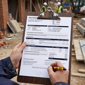 Peut inclure: Un presse-papier en bois brun contenant un document blanc intitulé Apex Trades avec des sections pour les détails du client, le lieu du chantier, la portée des travaux, le journal de travail, les matériaux et une liste de contrôle.