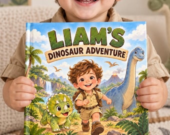 May include: A hardcover children's book titled Liam's Dinosaur Adventure. The cover features a cartoon illustration of a young child with brown hair wearing a tan explorer outfit, walking alongside a green triceratops and a large blue long-necked dinosaur.