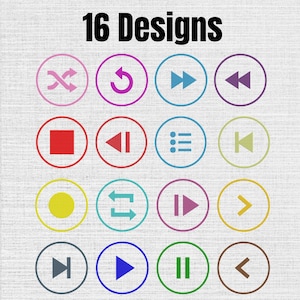 Könnte beinhalten: Eine digitale Grafik mit dem Text 16 Designs am oberen Rand, gefolgt von einem Raster aus sechzehn kreisförmigen Symbolen. Jedes Symbol enthält ein einzigartiges Medienwiedergabezeichen in verschiedenen Farben, darunter Zufallswiedergabe, Wiederholung, Vorspulen, Zurückspulen, Stopp und Wiedergabe.