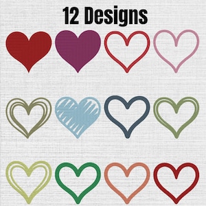 Puede incluir: Una colección digital de 12 diseños con varias formas de corazón dispuestas en tres filas. Los corazones incluyen estilos rojos sólidos, morados sólidos y varios estilos delineados o esbozados en colores rosa, oliva, azul, gris oscuro, verde y naranja.