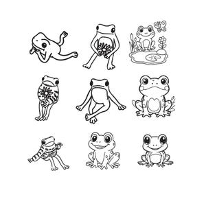 Stickmuster Frosch, Cartoon-Frosch-Stickerei, Kawaii-Teich-Stickerei, Frosch-Linienzeichnung mit Seerose, Sofort-Download