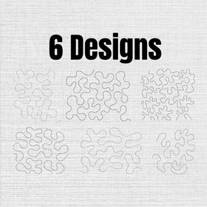 May include: A digital graphic featuring the text 6 Designs in bold black letters at the top, positioned above six distinct black line art patterns. Each pattern consists of continuous, meandering, and interlocking squiggly lines on a white background.