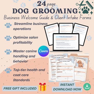 Dog Grooming Client Intake & Business Guide, 24-Page CANVA Editable (Digital Download)