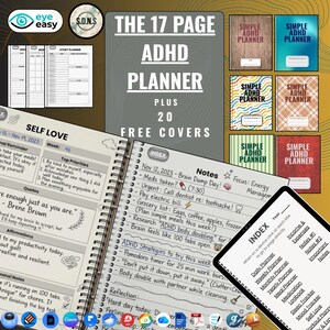 May include: A 17-page ADHD planner with 20 free covers, featuring spiral-bound pages with sections for self-love, daily notes, and an index. The planner includes text such as THE 17 PAGE ADHD PLANNER PLUS 20 FREE COVERS and various task lists.