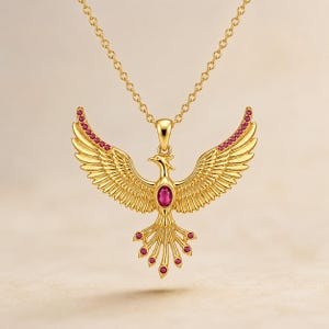 Pode incluir: Um colar de tom dourado com um pingente em forma de pássaro com as asas abertas. O pingente é decorado com pequenas pedras rosas redondas e vibrantes ao longo das pontas das asas e da cauda, e uma pedra rosa oval maior no centro.