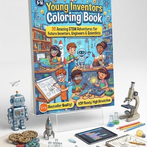 Pode incluir: Um livro de colorir Young Inventors com 30 aventuras STEM para idades de 5 a 10 anos, exibido com um robô de brinquedo, microscópio, béqueres, lápis de cor, um tablet e ferramentas. A capa mostra crianças envolvidas em atividades científicas.