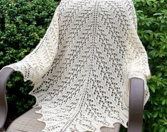 Beautiful Triangular LARGE OOAK Hand Knit Pure Sheep Wool Yarn Lace & Beads Shawl 41" x 74", Shoulder Wrap, Hand knit Scarf, Gift for Her.