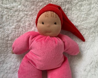 Fretta's Waldorf style floppy Gnome Baby, 11" / 28 cm tall. Soft child friendly baby doll. Baby Doll in a Red Hat
