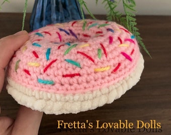 Fretta's 6" Crochet Sprinkle Doughnut Pincushion, Soft Toy, Pin Cushion. Cure Colorful Softie, Amigurumi Pretend Food,  Doughnut Stuffed Toy