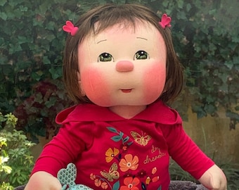 Fretta's OOAK 23" Soft Sculpture life size 4 point jointed Textile Tot Girl Doll. Empathy Baby Doll. Child Friendly Cloth Baby Soft Doll