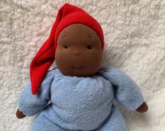 Fretta's Waldorf style AA floppy Gnome Baby, 11" / 28 cm tall. Soft child friendly AA baby doll. Baby Doll in a Red Hat