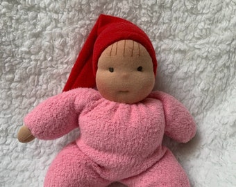 Fretta's Waldorf style floppy Gnome Baby, 11" / 28 cm tall. Soft child friendly baby doll. Baby Doll in a Red Hat