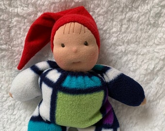 Fretta's Waldorf style floppy Gnome Baby, 11" / 28 cm tall. Soft child friendly baby doll. Baby Doll in a Red Hat