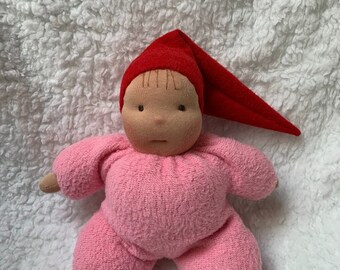 Fretta's Waldorf style floppy Gnome Baby, 11" / 28 cm tall. Soft child friendly baby doll. Baby Doll in a Red Hat