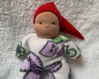 Fretta's Waldorf style floppy Gnome Baby, 11" / 28 cm tall. Soft child friendly baby doll. Baby Doll in a Red Hat